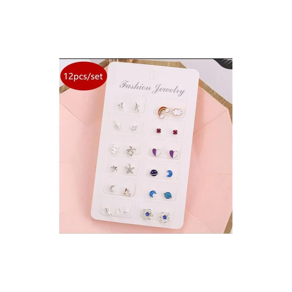 12 Pairs/set, 2021 New Statement Earrings for Women Fashion Moon Universe Silver Color Stars Stud Earring Crystal Earrings