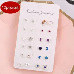 12 Pairs/set, 2021 New Statement Earrings for Women Fashion Moon Universe Silver Color Stars Stud Earring Crystal Earrings