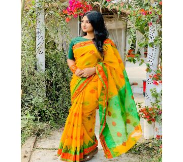 Yellow  jamdani saree for women no blouse piece 