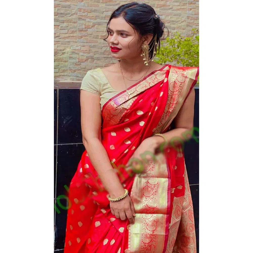 Red Half Silk  jamdani saree for women no blouse piece 
