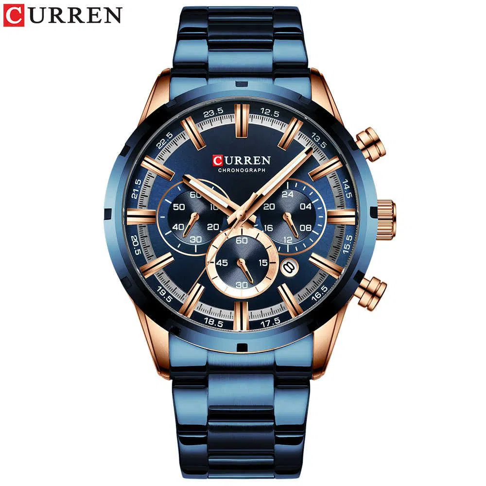 CURREN 8355 Silver Stainless Steel Chronograph Watch For Men - Royal Blue & Silver