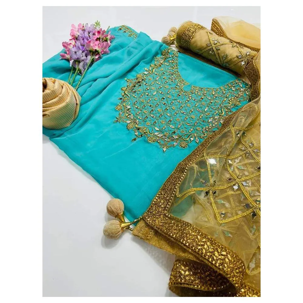 Semi-Stitched Indian Weightless Georgette Heavy Embroidery & Dollar Work with Gorgeous Dupatta Embroidery and Dollar Work Salwer Kameez