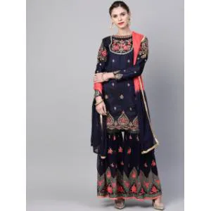 Navy Blue & Pink Made-To-Measure Zari Embroidered Unstitched Dress with Sharara & Dupatta