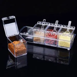 Four In One Crystal Clear Seasoning Box Acrylic Spice Rack Storage Condiment Jars Containers With Spoon