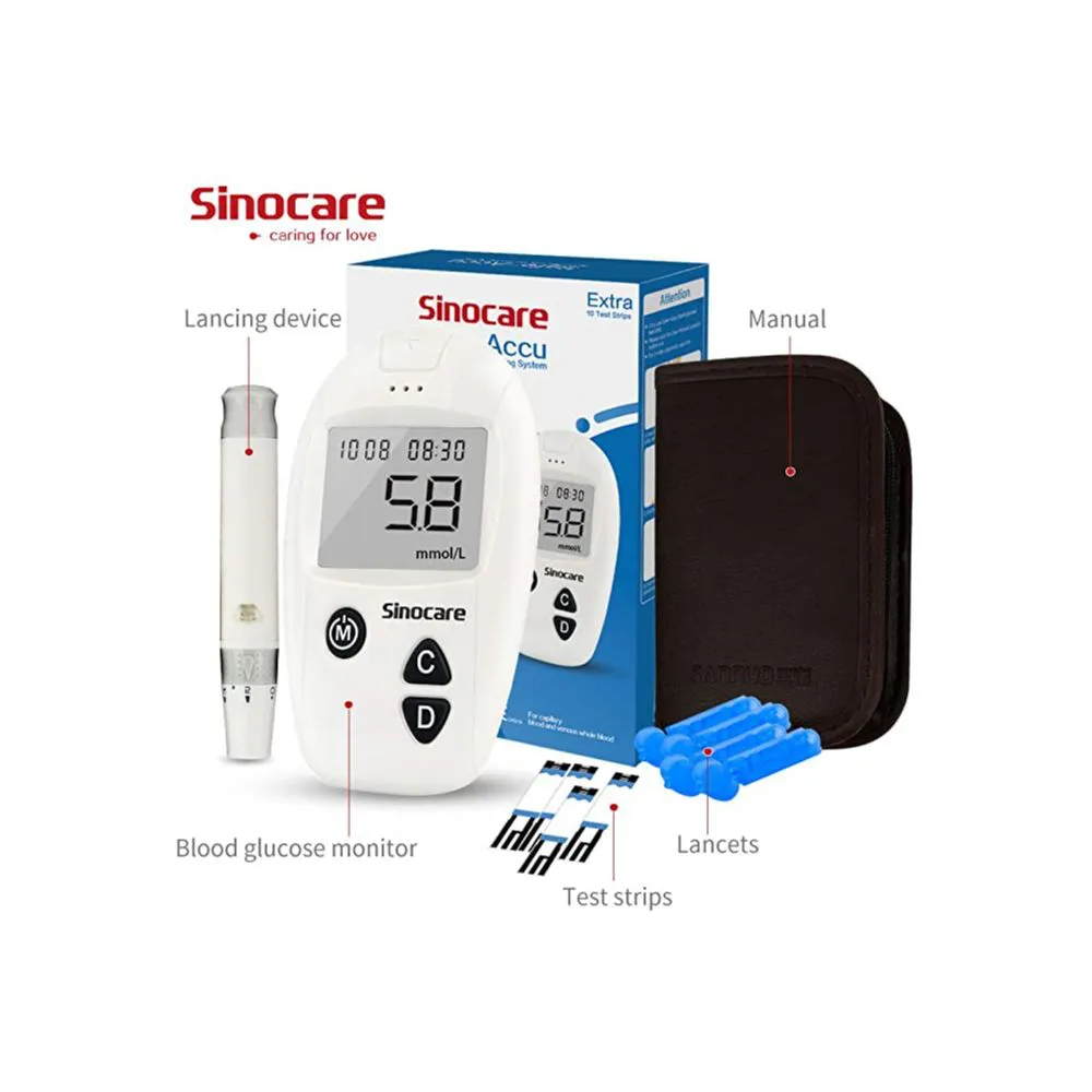 Safe-Accu Sinocare Blood Glucose Monitor Device Kit (10 Lancet & 10 Strips free)