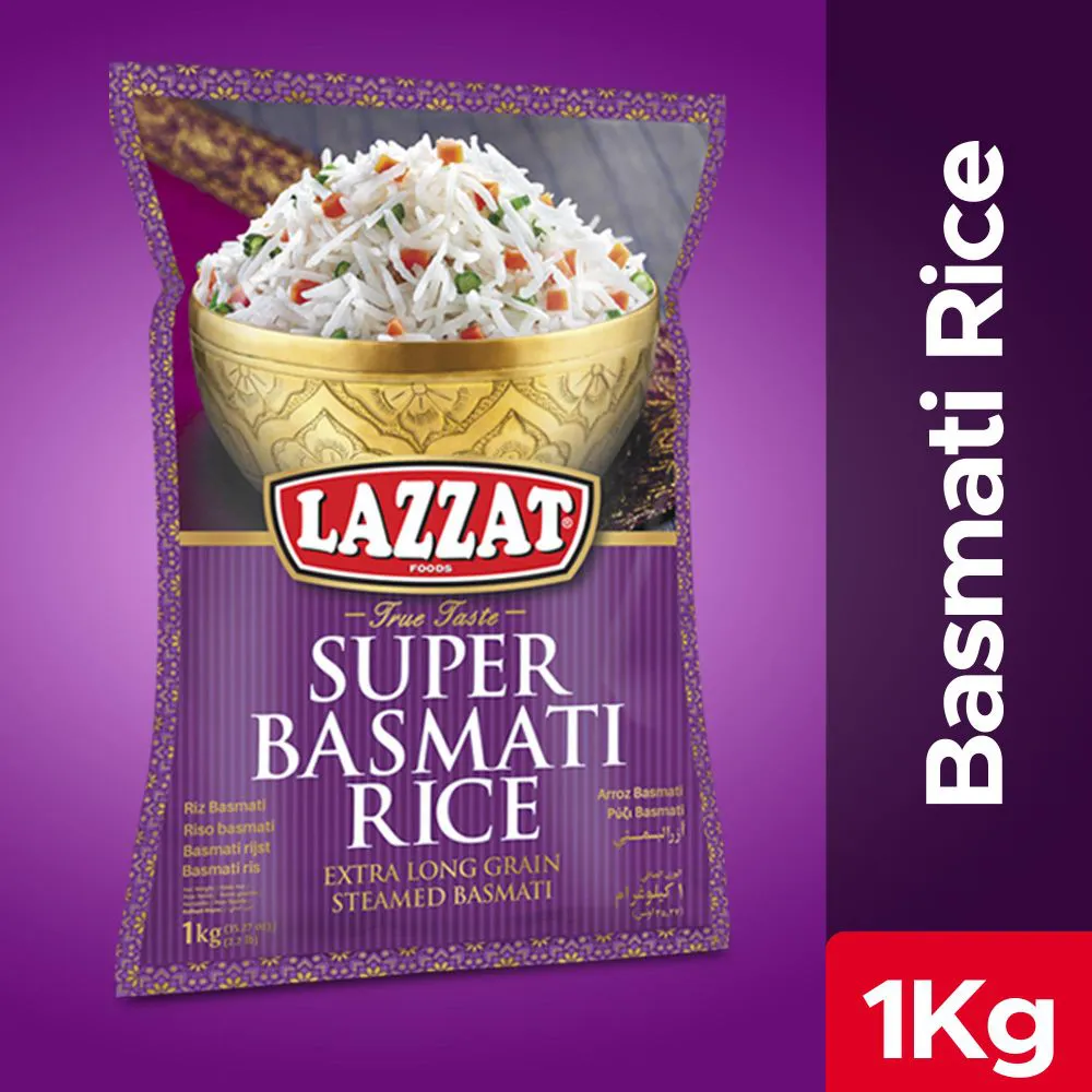 Lazzat Super Basmati Rice Extra Long Grain Streamed Basmati 1kg