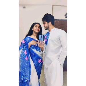 হ্যান্ড প্রিন্ট শাড়ি-পাঞ্জাবী কাপল সেট 