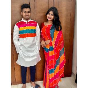 জর্জেট শাড়ি ও ধুপিয়ান সিল্ক পাঞ্জাবী কাপল সেট