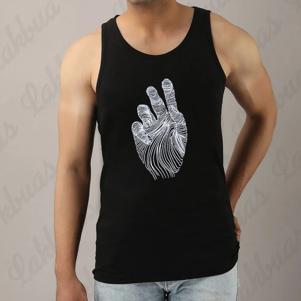 Creative Hand Palm Design Printed Black Color Cotton Tank Tops for Men - LAK175