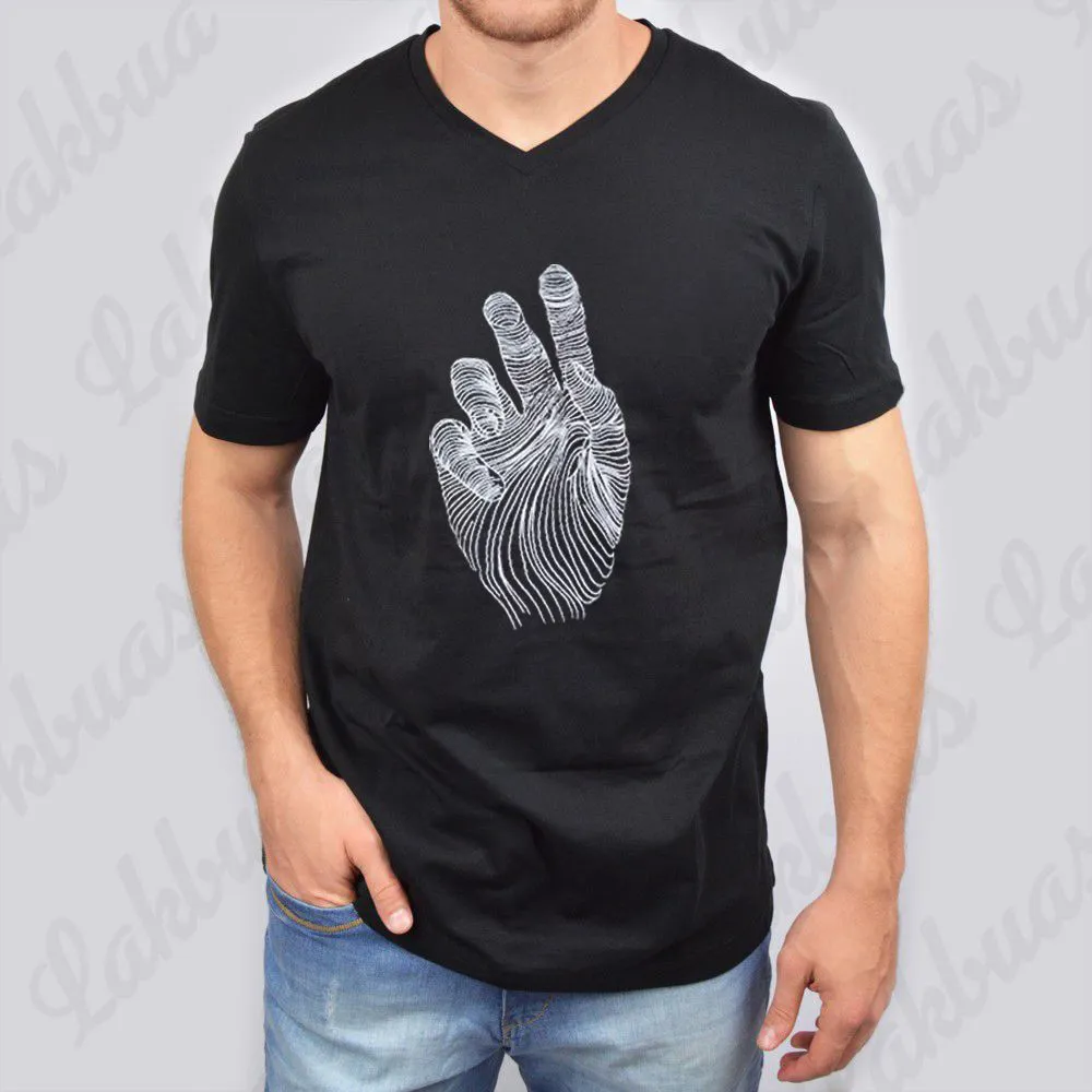 Creative Hand Palm Design Printed Black Color Cotton V-Neck T-shirt for Men - LAK175