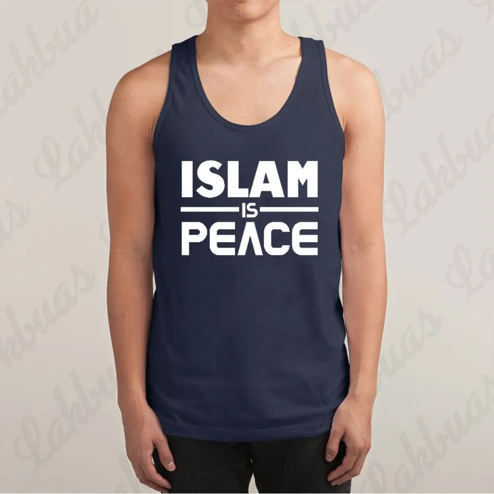 Islam is Peace Printed Navy Blue Color Cotton Tank Tops for Men - APT79